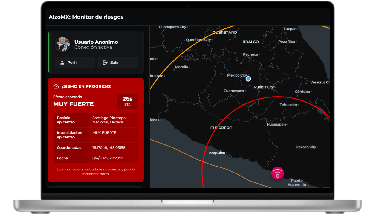AlzoMX en la computadora con el mapa de sismos