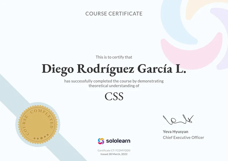 Certificado de Sololearn del curso de CSS a nombre de Diego Rodríguez García L., emitido el 28 de marzo de 2022