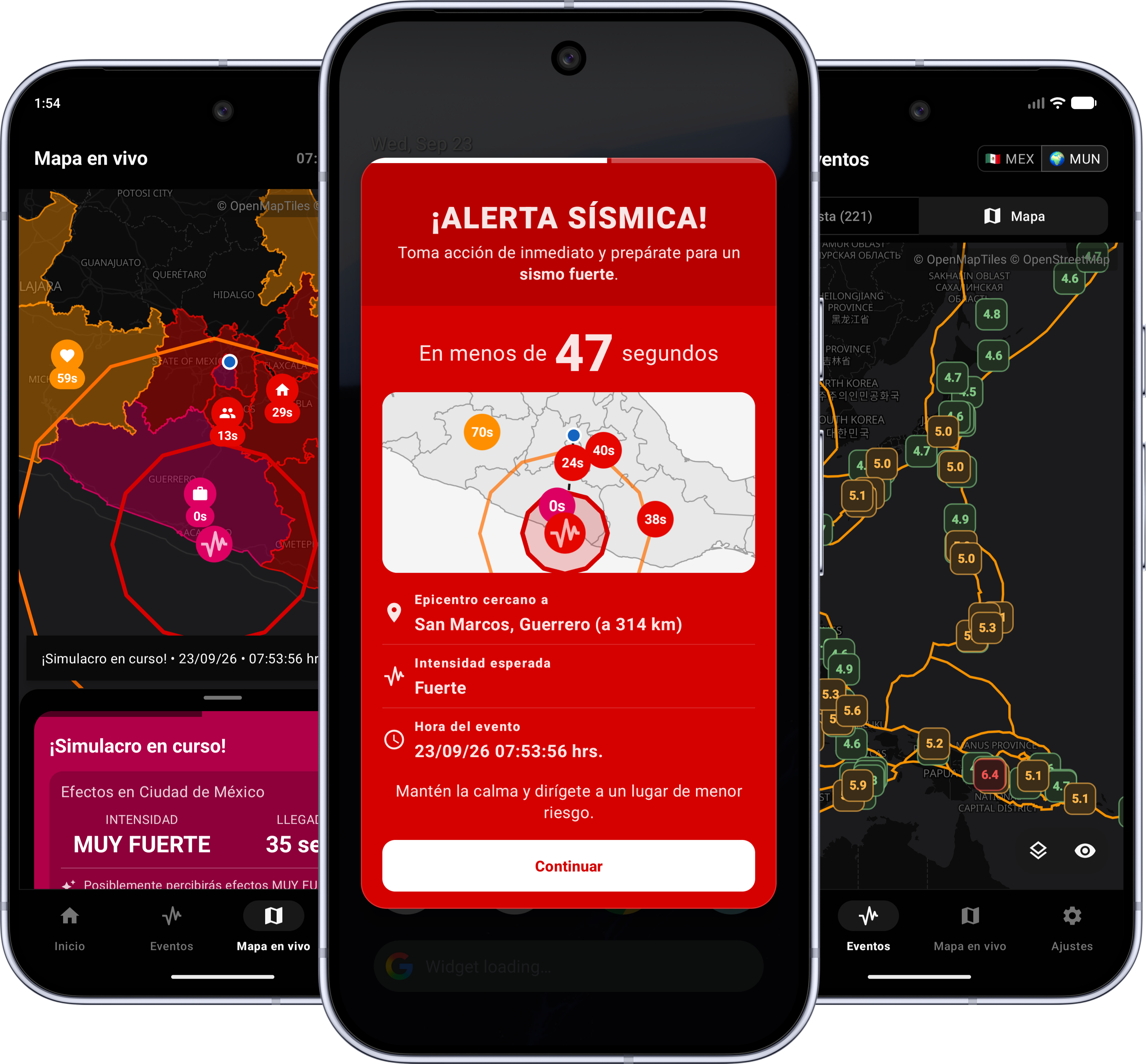 Teléfono con AlzoMX mostrando una alerta de sismo