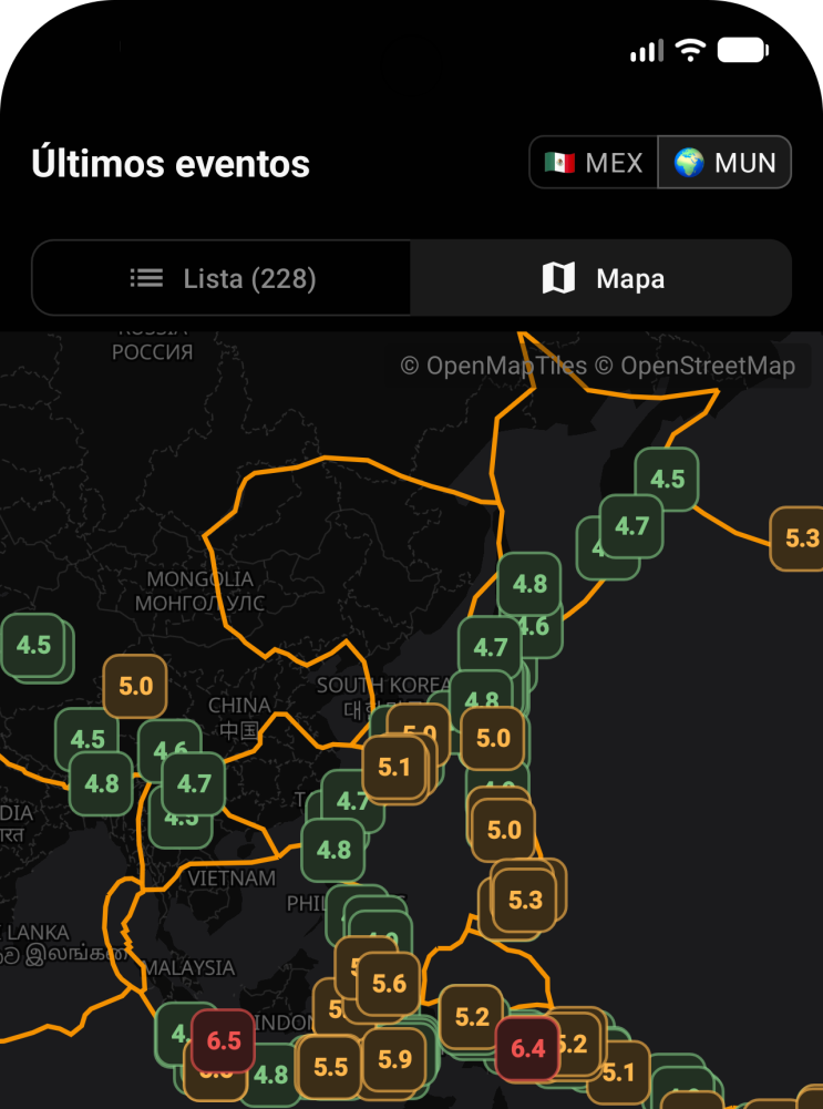 Pantalla de últimos eventos en el mapa de AlzoMX