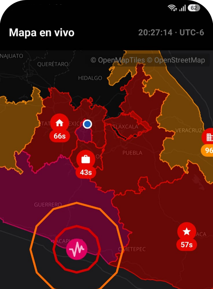 Mapa en vivo de AlzoMX con intensidad por zona y segundos de llegada