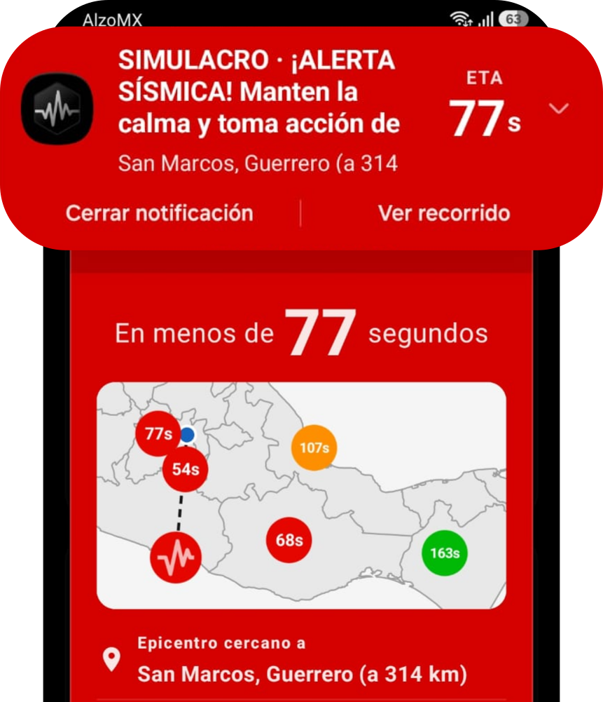 Alerta sísmica de AlzoMX con cuenta regresiva y epicentro